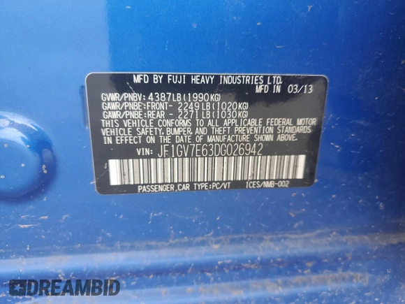 2013 Subaru Impreza Sedan WRX WRX with VIN JF1GV7E63DG026942, listed as a Copart auction lot 69691344 with 151,822 mi miles and Clean Title. Bid and sale history available at carsss.com. Image 12.