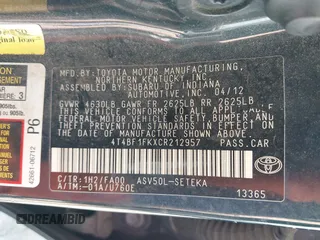 2012 Toyota Camry L with VIN 4T4BF1FKXCR212957, listed as a IAAI auction lot 41672878 with 245,407 mi miles. Bid and sale history available at carsss.com. Image 9.