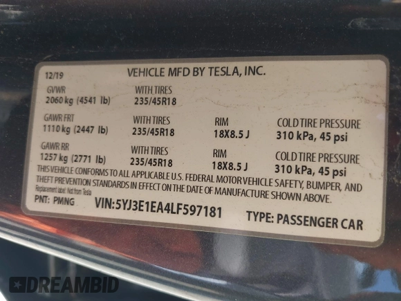 2020 Tesla Model 3 Standard Range Plus z VIN 5YJ3E1EA4LF597181, wystawiony jako IAAI lot #42283159 z przebiegiem 109 993 mil mil oraz . Historia ofert i sprzedaży dostępna na DreamBid. Obrazek 9.