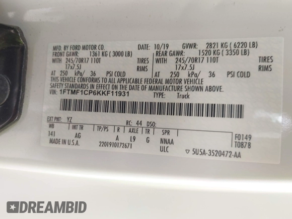 2019 Ford F-150 XL z VIN 1FTMF1CP6KKF11931, wystawiony jako IAAI lot #42263673 z przebiegiem 81 578 mil mil oraz . Historia ofert i sprzedaży dostępna na DreamBid. Obrazek 9.