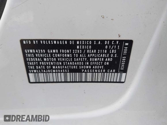 2012 Volkswagen Jetta TDI w/Premium & Nav with VIN 3VWLL7AJ8CM094552, listed as a IAAI auction lot 41962900 with 158,868 mi miles and . Bid and sale history available at DreamBid. Image 9.