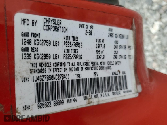 1998 Jeep Grand Cherokee Limited z VIN 1J4GZ78S0WC276411, wystawiony jako Copart lot #78200114 z przebiegiem 220 856 mil mil oraz Szkoda całkowita • Salvage title. Historia ofert i sprzedaży dostępna na DreamBid. Obrazek 15.