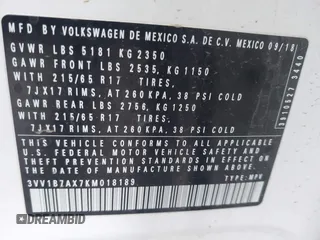 2019 Volkswagen Tiguan S z VIN 3VV1B7AX7KM018189, wystawiony jako IAAI lot #41741924 z przebiegiem 61 740 mil mil oraz . Historia ofert i sprzedaży dostępna na DreamBid. Obrazek 9.