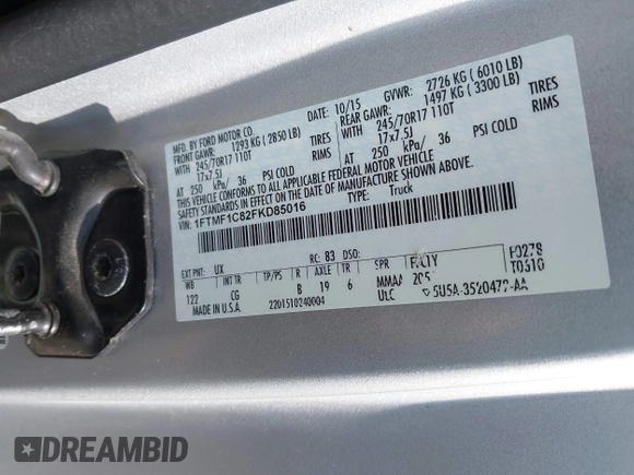 2015 Ford F-150 XL with VIN 1FTMF1C82FKD85016, listed as a IAAI auction lot 42019197 with 63,986 mi miles and . Bid and sale history available at DreamBid. Image 9.