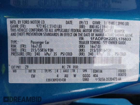 2014 Ford Focus SE with VIN 1FADP3K22EL176833, listed as a IAAI auction lot 41509937 with Not Provided miles. Bid and sale history available at carsss.com. Image 9.