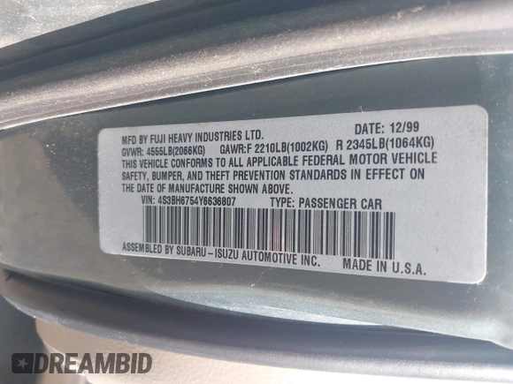 2000 Subaru Legacy Outback with VIN 4S3BH6754Y6636807, listed as a IAAI auction lot 42553174 with Not provided miles and . Bid and sale history available at DreamBid. Image 9.