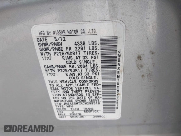 2012 Nissan Rogue S with VIN JN8AS5MTXCW299518, listed as a IAAI auction lot 41867912 with 121,311 mi miles and . Bid and sale history available at DreamBid. Image 9.