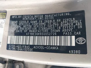 2005 Toyota Camry LE с VIN 4T1BE30K65U052726, выставлен на аукционе IAAI как лот 42538704 с пробегом 155 227 миль миль и . История ставок и продаж доступна на DreamBid. Изображение 9.