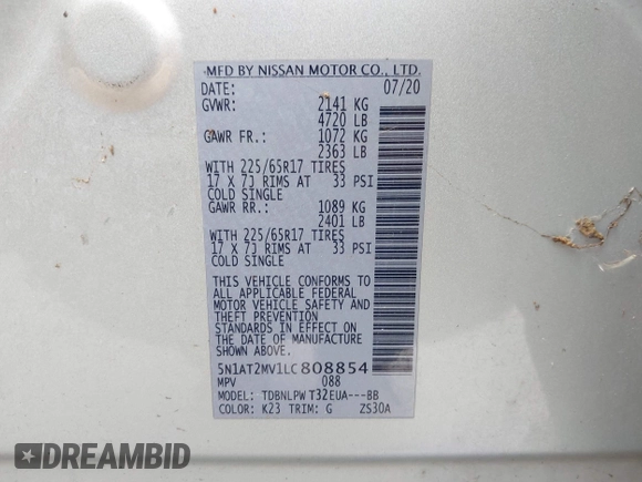 2020 Nissan Rogue S z VIN 5N1AT2MV1LC808854, wystawiony jako IAAI lot #41911120 z przebiegiem 162 642 mil mil oraz . Historia ofert i sprzedaży dostępna na DreamBid. Obrazek 9.