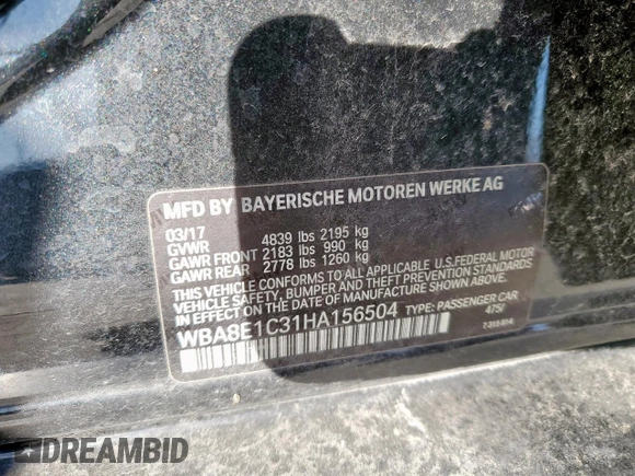 2017 BMW 3 Series 330e iPerformance with VIN WBA8E1C31HA156504, listed as a Copart auction lot 47971015 with 77,396 mi miles and Salvage Title. Bid and sale history available at carsss.com. Image 12.