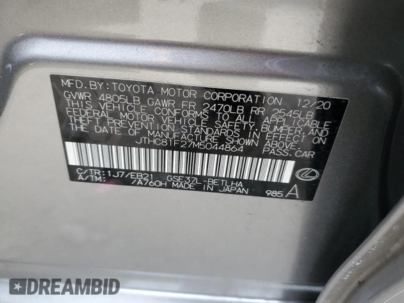 2021 Lexus IS 300 with VIN JTHC81F27M5044864, listed as a Copart auction lot 87612335 with 39,584 mi miles and Salvage title. Bid and sale history available at DreamBid. Image 12.
