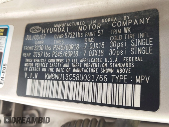 2008 Hyundai Veracruz GLS с VIN KM8NU13C58U031766, выставлен на аукционе IAAI как лот 42591045 с пробегом 223 683 миль миль и . История ставок и продаж доступна на DreamBid. Изображение 9.