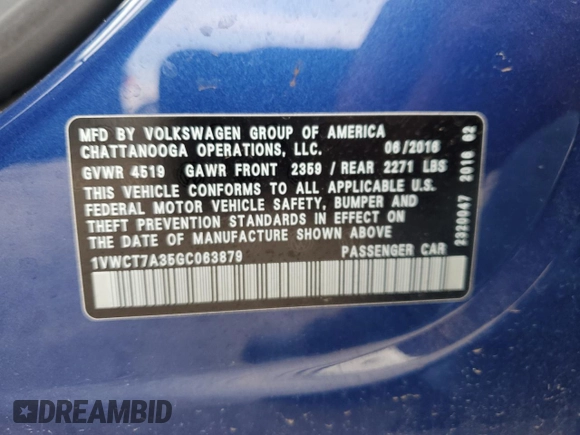 2016 Volkswagen Passat SEL z VIN 1VWCT7A35GC063879, wystawiony jako Copart lot #53856545 z przebiegiem 56 856 mil mil oraz Szkoda całkowita • Salvage title. Historia ofert i sprzedaży dostępna na DreamBid. Obrazek 13.