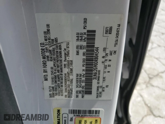 2013 Lincoln MKZ с VIN 3LN6L2G90DR804544, выставлен на аукционе Copart как лот 55857125 с пробегом 72 999 миль миль и Списание • Salvage title. История ставок и продаж доступна на DreamBid. Изображение 12.