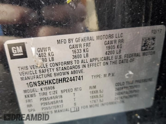 2017 Chevrolet Suburban LT z VIN 1GNSKHKC0HR244741, wystawiony jako Copart lot #57587295 z przebiegiem 187 121 mil mil oraz Nie do naprawy • Non repairable. Historia ofert i sprzedaży dostępna na DreamBid. Obrazek 13.