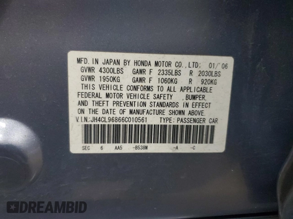 2006 Acura TSX z VIN JH4CL96866C010561, wystawiony jako Copart lot #58495565 z przebiegiem 245 952 mil mil oraz Szkoda całkowita • Salvage title. Historia ofert i sprzedaży dostępna na DreamBid. Obrazek 13.