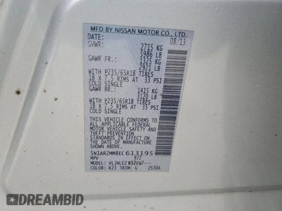 2014 Nissan Pathfinder Platinum with VIN 5N1AR2MM8EC613195, listed as a Copart auction lot 58417025 with 160,109 mi miles and Clean title. Bid and sale history available at DreamBid. Image 13.
