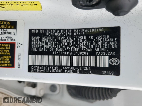 2015 Toyota Camry XLE with VIN 4T1BF1FK2FU108204, listed as a Copart auction lot 51493185 with 142,346 mi miles and Salvage Title. Bid and sale history available at DreamBid. Image 13.