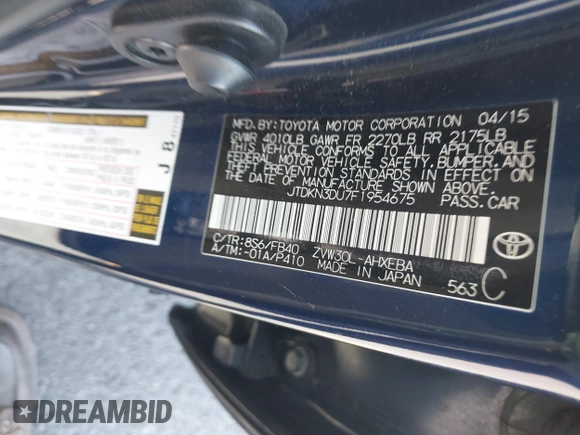 2015 Toyota Prius Four with VIN JTDKN3DU7F1954675, listed as a IAAI auction lot 42100832 with 182,339 mi miles. Bid and sale history available at carsss.com. Image 9.
