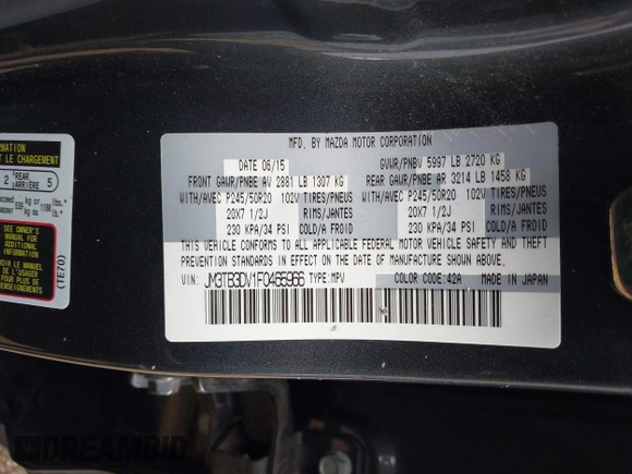 2015 Mazda CX-9 Grand Touring with VIN JM3TB3DV1F0465966, listed as a IAAI auction lot 42049749 with 74,470 mi miles and . Bid and sale history available at DreamBid. Image 9.