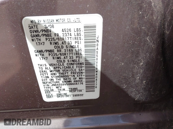 2008 Nissan Rogue SL with VIN JN8AS58V58W404176, listed as a IAAI auction lot 41823118 with Not Provided miles and . Bid and sale history available at DreamBid. Image 9.