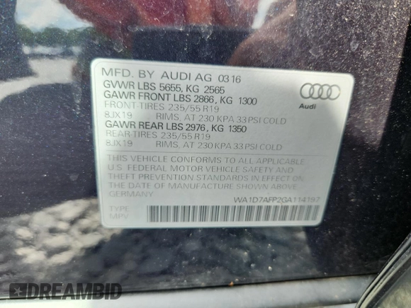 2016 Audi Q5 Premium Plus with VIN WA1D7AFP2GA114197, listed as a Copart auction lot 62717375 with 79,510 mi miles and Salvage title. Bid and sale history available at DreamBid. Image 13.