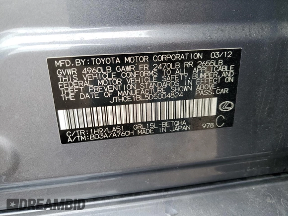 2013 Lexus GS 350 with VIN JTHCE1BL5D5004824, listed as a Copart auction lot 58638495 with 141,980 mi miles and Salvage title. Bid and sale history available at DreamBid. Image 12.