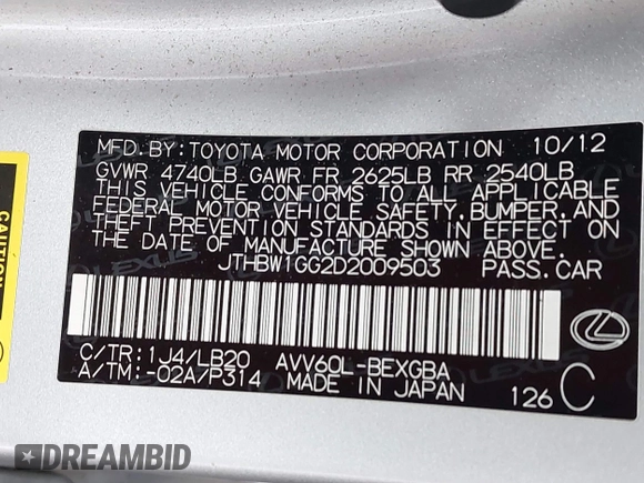 2013 Lexus ES 300h z VIN JTHBW1GG2D2009503, wystawiony jako IAAI lot #42429692 z przebiegiem 265 312 mil mil oraz . Historia ofert i sprzedaży dostępna na DreamBid. Obrazek 9.