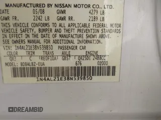 2008 Nissan Altima 2.5 SL with VIN 1N4AL21E38N539850, listed as a IAAI auction lot 41894242 with 109,557 mi miles. Bid and sale history available at carsss.com. Image 9.