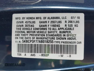 2010 Honda Accord EX z VIN 5KBCP3F77AB018255, wystawiony jako IAAI lot #41653419 z przebiegiem 183 521 mil mil oraz . Historia ofert i sprzedaży dostępna na DreamBid. Obrazek 9.