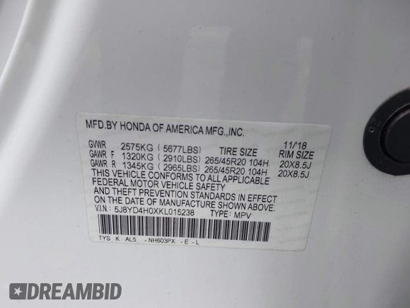 2019 Acura MDX Technology with VIN 5J8YD4H0XKL015238, listed as a IAAI auction lot 42083971 with 47,437 mi miles and . Bid and sale history available at DreamBid. Image 9.