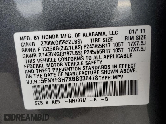 2011 Honda Pilot EX-L with VIN 5FNYF3H7XBB036478, listed as a Copart auction lot 41631415 with 54,213 mi miles and Salvage Title. Bid and sale history available at DreamBid. Image 14.