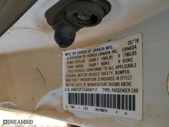 2018 Honda Civic Sedan EX with VIN 2HGFC2F73JH547117, listed as a Copart auction lot 46704325 with 0 mi miles and Salvage Title. Bid and sale history available at carsss.com. Image 12.