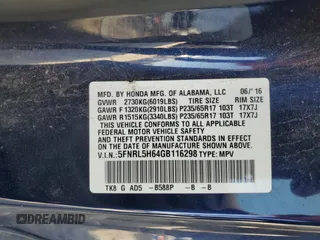 2016 Honda Odyssey EX-L with VIN 5FNRL5H64GB116298, listed as a Copart auction lot 49032775 with 54,319 mi miles and Clean Title. Bid and sale history available at DreamBid. Image 14.