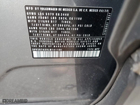 2020 Volkswagen Tiguan SE with VIN 3VV2B7AX9LM141160, listed as a Copart auction lot 48631595 with 38,893 mi miles and Salvage Title. Bid and sale history available at carsss.com. Image 15.