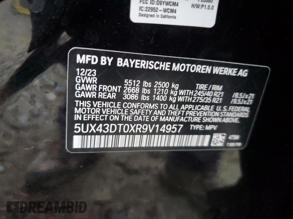 2024 BMW X4 M40i z VIN 5UX43DT0XR9V14957, wystawiony jako Copart lot #51715345 z przebiegiem 16 710 mil mil oraz Szkoda całkowita • Salvage title. Historia ofert i sprzedaży dostępna na DreamBid. Obrazek 13.