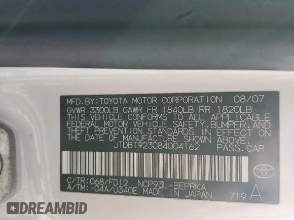 2008 Toyota Yaris with VIN JTDBT923084004162, listed as a Copart auction lot 53024565 with 265,412 mi miles and Salvage Title. Bid and sale history available at DreamBid. Image 14.