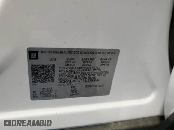 2020 GMC Terrain SLE with VIN 3GKALMEV9LL179996, listed as a Copart auction lot 59338565 with 50,990 mi miles and Salvage title. Bid and sale history available at DreamBid. Image 13.