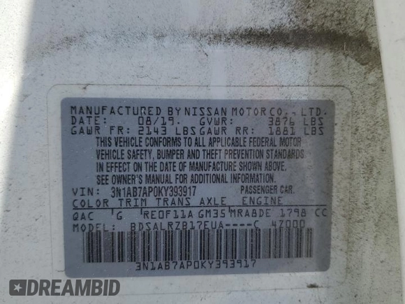 2019 Nissan Sentra S with VIN 3N1AB7AP0KY393917, listed as a Copart auction lot 60325295 with 91,228 mi miles and Salvage title. Bid and sale history available at DreamBid. Image 13.