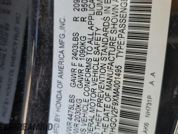 2021 Honda Accord Touring z VIN 1HGCV2F9XMA001495, wystawiony jako Copart lot #55408325 z przebiegiem 130 886 mil mil oraz Szkoda całkowita • Salvage title. Historia ofert i sprzedaży dostępna na DreamBid. Obrazek 12.