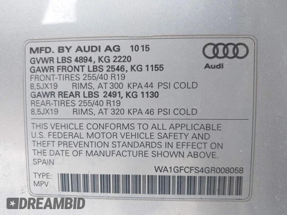 2016 Audi Q3 Prestige with VIN WA1GFCFS4GR008058, listed as a IAAI auction lot 41749276 with 105,692 mi miles. Bid and sale history available at carsss.com. Image 9.