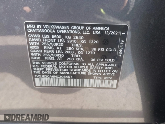 2022 Volkswagen Atlas SE with VIN 1V2JE2CA6NC208457, listed as a IAAI auction lot 40999391 with 40,409 mi miles and . Bid and sale history available at DreamBid. Image 9.