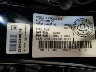 2016 Honda Civic Sedan Touring with VIN 2HGFC1F93GH112621, listed as a Copart auction lot 46906175 with 118,897 mi miles and Salvage Title. Bid and sale history available at carsss.com. Image 12.