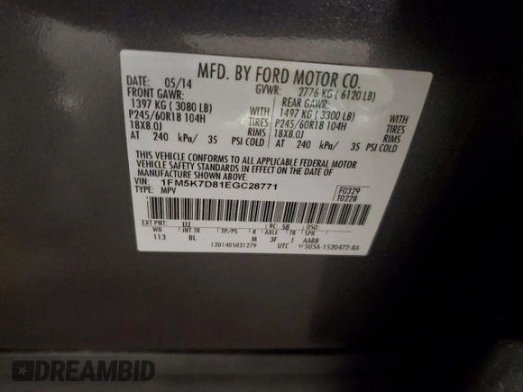 2014 Ford Explorer XLT with VIN 1FM5K7D81EGC28771, listed as a Copart auction lot 60571955 with 92,647 mi miles and Salvage title. Bid and sale history available at DreamBid. Image 14.
