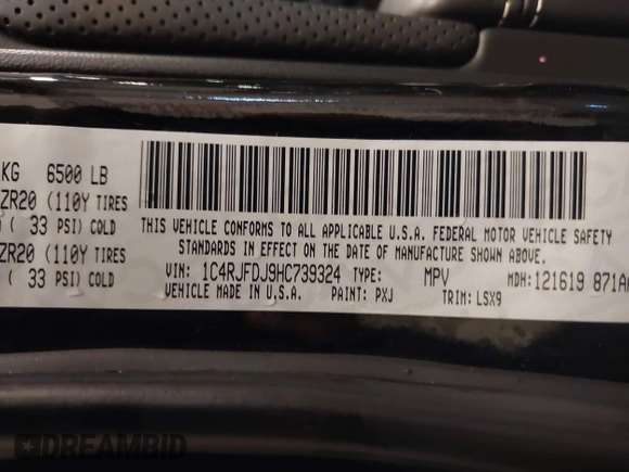 2017 Jeep Grand Cherokee SRT with VIN 1C4RJFDJ9HC739324, listed as a IAAI auction lot 40898998 with 92,547 mi miles. Bid and sale history available at carsss.com. Image 9.