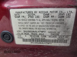 2005 Nissan Sentra S z VIN 3N1CB51D65L479897, wystawiony jako IAAI lot #41469212 z przebiegiem 152 995 mil mil oraz . Historia ofert i sprzedaży dostępna na DreamBid. Obrazek 9.