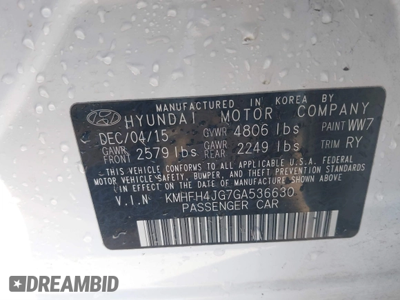 2016 Hyundai Azera Limited with VIN KMHFH4JG7GA536630, listed as a IAAI auction lot 41444129 with 128,309 mi miles and . Bid and sale history available at DreamBid. Image 9.