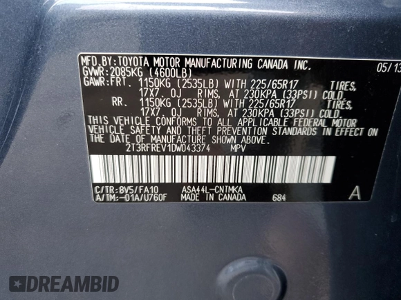 2013 Toyota RAV4 XLE with VIN 2T3RFREV1DW043374, listed as a Copart auction lot 45702945 with 122,830 mi miles and Salvage Title. Bid and sale history available at carsss.com. Image 14.