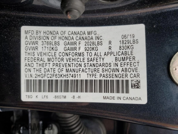 2019 Honda Civic Sedan LX with VIN 2HGFC2F63KH574911, listed as a Copart auction lot 46676525 with 72,942 mi miles and Salvage Title. Bid and sale history available at carsss.com. Image 12.