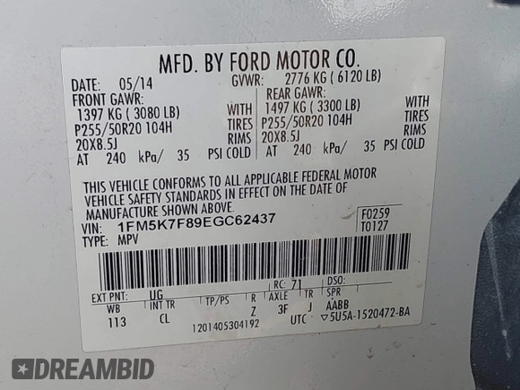 2014 Ford Explorer Limited with VIN 1FM5K7F89EGC62437, listed as a IAAI auction lot 39832146 with Not Provided miles and . Bid and sale history available at carsss.com. Image 9.